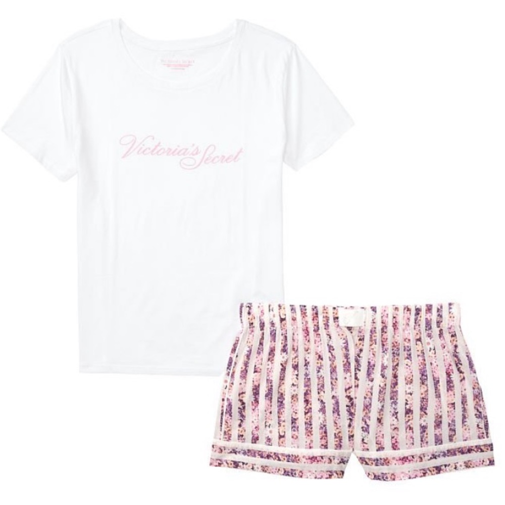 NWT Victoria’s Secret Pink Floral Cotton Short Tee Pajamas Set - Picture 4 of 5